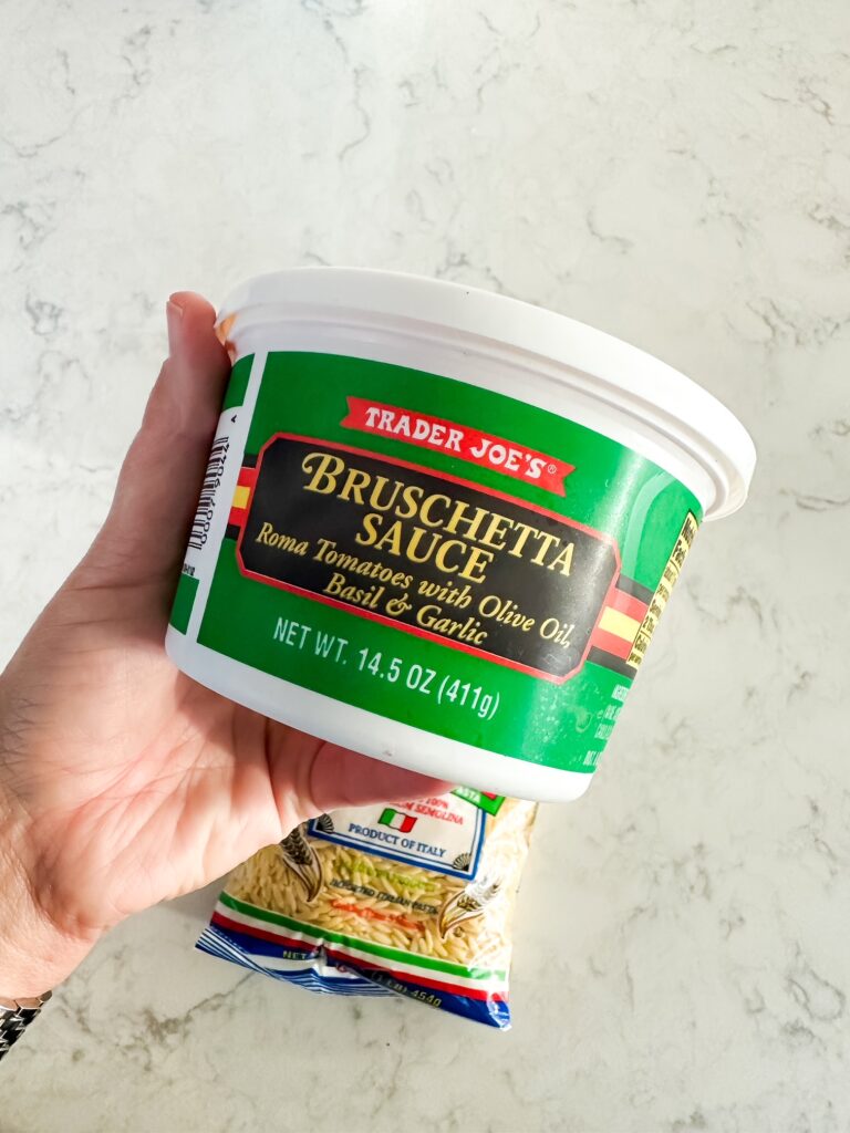 trader joe's easy orzo salad, trader joe, bruschetta sauce