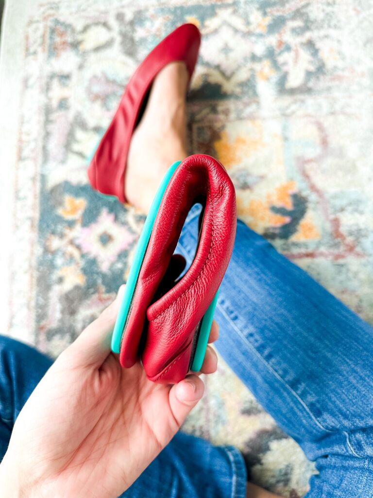 Close-up of Tieks' foldable leather design, ideal for city walking and easy packing