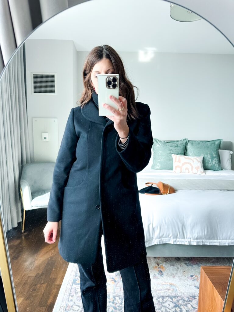 quince Italian wool cocoon coat, wool coat under $200, girl in quince wool coat